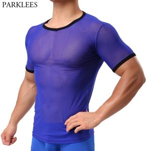 Men's Blue Lace See-through T Shirt Sexy Short Sleeve Mesh Sheer Top Understhirts Party Perform Streetweawr Tops Tees 210522