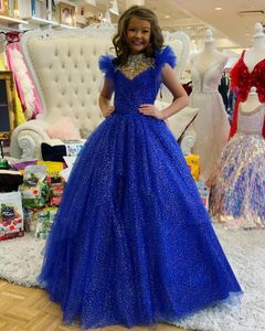 Little Miss Pageant-Kleid für Teenager, Junioren, Kleinkinder, Kleinkinder, 2021, Pailletten, Bling, Königsblau, langes Mädchen-Abschlussballkleid, formelle Party, Rosie-Perlenstickerei, hochgeschlossenes Ballkleid mit Schnürung