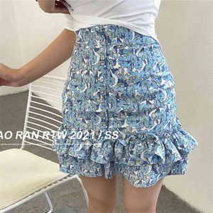 Spring and Summer High Waist Blue Yellow Purple Floral Skirt Joker Sweet Double Ruffled Slim Hip Plus Size 210529