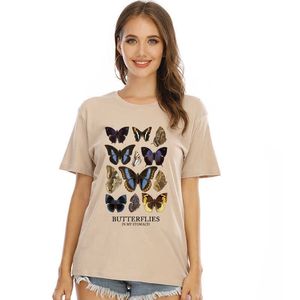 100% cotone moda farfalla t-shirt da donna casual allentato o-collo manica corta estate streetwear magliette top W733 210526