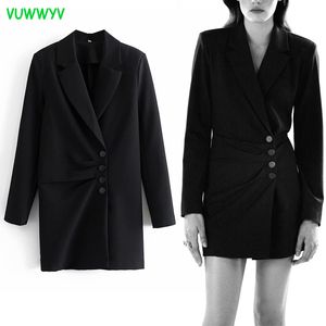 VUWWYV Black Blazer Dress Women Spring Collar Office Mini Woman Long Sleeve Shoulder Pad Out Going Button Vestidos 210430