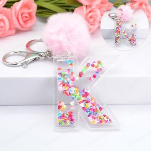 Women Key chains 26 Glitter Pink Hollowed-out Words Handbag English Letter Keyring with Puffer Ball Charms