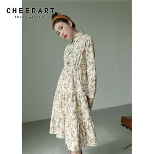 Vinage Ditsy Floral Print Button Up Shirt Dress Long Sleeve Tunic A Line Knee Length Autumn Clothing 210427