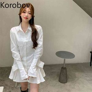 コロバフの新しい夏の白いシャツドレス韓国のフレアスリーブ女性のドレスヴィンテージエレガントなシングルブレストローブフェムメ210430