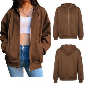 Brown Zip UP Hoodie Winture Толстовка негабаритная куртка Пальто Y2K Эстетические карманы с длинным рукавом с капюшоном зимняя одежда 211220