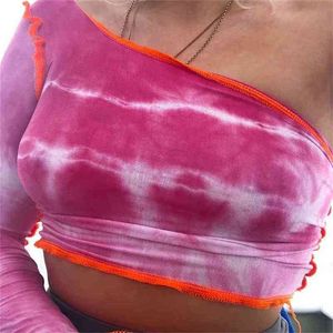 Women One Shoulder Crop Top Fall Winter Trendy Bodycon Tie-dye Printing Female Short T-shirt Fashion Design Streetwear Tops 210517