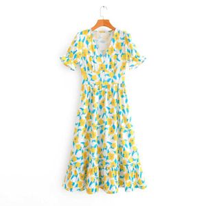 Kobiety Eleganckie V Neck Floral Print Casual Midi Sukienka French Country Style Side Zipper Vestidos Krótki Rękaw Sukienki DS3601 210603