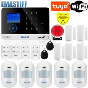 ワイヤレスTuya App SimホームRFID Burglar Security LCDタッチキーボードWifi GSMアラームシステムセンサキットロシア語、スペイン語声