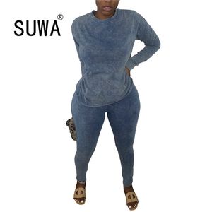TRACKSUIT Two Piece Set Women Långärmad Pullover Retro Top + Hög Midja Joggers Byxor Lounge Wear 2 Pieces Outfits 210525