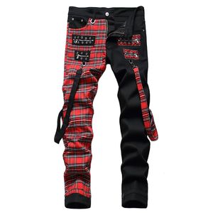 Retro Personality Bandage Men's Jeans Fashion Slim Color Matching Stitching Denim Pants Street Style Plaid Trousers Pantalones de hombre