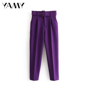 Womens casual purple Pant Capris with belt high waist yellow chic office lady Trousers Streetwear Female zoravicky 210915