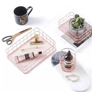 Rose Gold Storage Basket Kosmetisk Organizer Makeup Brush Hållare Metalltråd Toaletterie Collection Badrumshyllor 210609