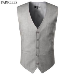 Grå Mens Dress Suit Vest Brand Real Pocket Men Tuxedo Waistcoat Västar Formell Business Wedding Chalecos Para Hombre 3xL 210522