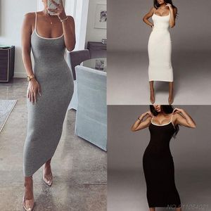 Casual Klänningar Kvinnor Sexig Färg Block Spaghetti Straps Bodycon Midi Pencil Dress Ribbed Stickad Backless Empire Waist Party Clubwear Wholesa