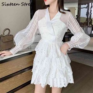 White Solid Dress For Woman V-neck Puff Sleeve High Waist Vestidos Runway Elegant Mesh Dresses Ladies Spring Clothing 210603