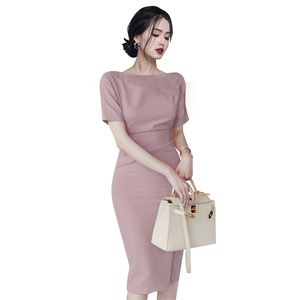 Rosa Sticka Tight Dress Korean Ladies Sommar Kortärmad Cabaret Office Party Dresses for Women 210602