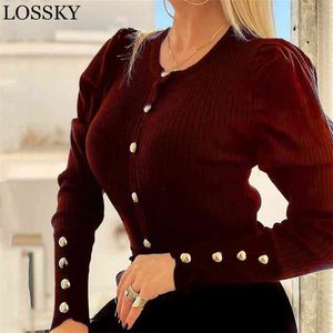 Schwarz Solide Eleagant Button Kintted Slim Bluse Kausal O Hals Langarm Herbst Winter Dame Sexy Tops Weibliche Frauen Hemd blusas 210507