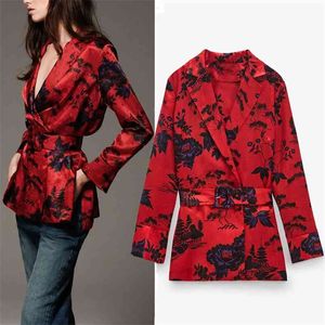 Camicetta Moda donna con cintura Top stampato rosso Donna Autunno bavero colletto manica lunga eleganti camicette da ufficio da donna 210519