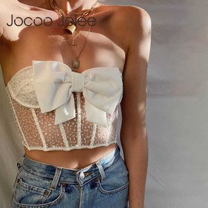 Jocoo Jolee Women Elegant Mesh Sequins Tie Bow Strapless Tanks Sexy White Black Lace Cropped Tops Club Party Skinny Tank 210619
