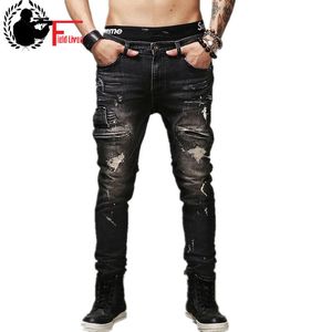 Jeans da motociclista strappati da uomo Jeans da motociclista slim fit neri Pantaloni da uomo vintage in denim strappato 210518