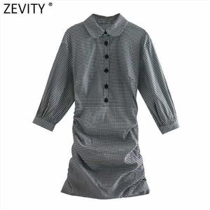 Zevity Women Vintage Houndstooth Plaid Print Pleated Mini Dress Chic Ladies Lantern Sleeve Side Zipper Slim Vestido DS4780 210603