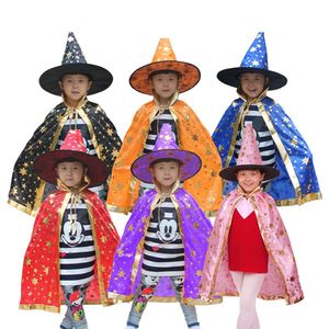 Barn Halloween kostymer Wizard Witch Cloak Cape Cople med Pointy Hat Girls Boys Cosplay Kids Birthday Party Supplies Q0910