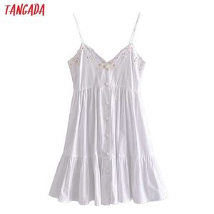 Tangadaファッション刺繍ホワイトコットンドレス女性ストラップ女性カジュアルショートドレス3H520 210609