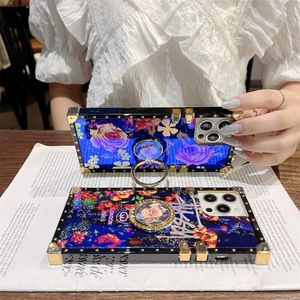 Luxury Square Glitter Retro Rose Flower Phone Fodral för iPhone 13 12 Mini 11 Pro Max 6s 7 8 Plus X Fashion Blue Ray Diamond Ring Holder Silikon Skal