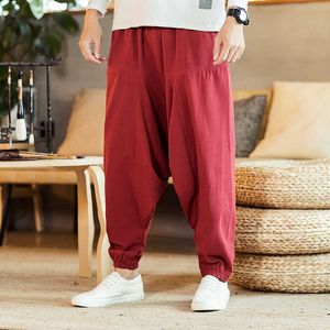 Mężczyźni Baggy Harem Spodnie Hip Hop Cross Spodnie Joggers Przyczynowe luźne spodnie szerokie nogi bawełniane spodnie lniane Pantalones Hombre Streetwear X0723