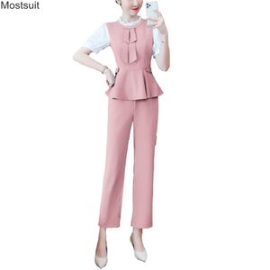 Summer Fashion OL Two Piece Sets For Women Plus Size 2xl Short Sleeve Tunic Tops And Pants Suit Outfit Work Clothes Korean 210513