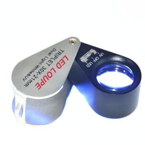 10x 20x 30x 21mm Metalowa składana biżuteria Mikroskop Mikroskop Szkło Lupa Lupa Looupes 6 LED +6 światła UV