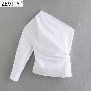 Mulheres Moda Um Ombro Assimétrico Camisa Plissada Fêmea Skew Collar Slim Branco Poplin Blusa Roupas Chemise Tops LS9202 210603