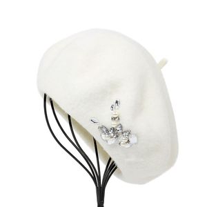 Weiße Wollmützen Herbst Winter Damenmode Diamantblume Baskenmütze Mütze Frau Eleganz Freizeit Outdoor Hut