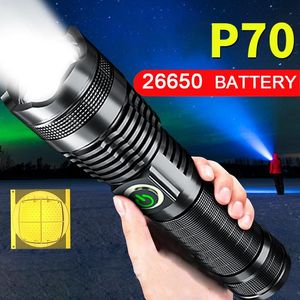 Latarki Pochodni LED Potężne ładowanie USB XHP70 Zoom Tactical Torch 26650 Bateria kempingowa rower rybacki