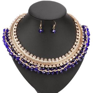 Ohrringe Halskette Blau Rot Strass Brautschmuck Set Hochzeit Abschlussball Party Zubehör Gold Farbe Ohrring Für Bräute Frauen