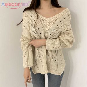 AELEGANTMIS Мода, выладьте вязаный свитер Женщины Весна Осень Пуловер Свободные Топы Дамы V-образным вырезом Повседневная Джемпер 210607