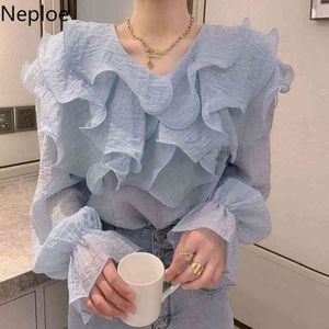 NEPLOE Moda Mulheres Blusa Flare Manga V Neck Ruffle Loose All-Match Shirt Coreano Chiffon Blusas Branco Elegante Tops 210422