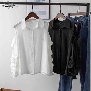 早春の韓国のシックな多用途のシンプルなラペルホワイトブラウス袖切れ肩リラックスしたストレートシャツ13578 210521