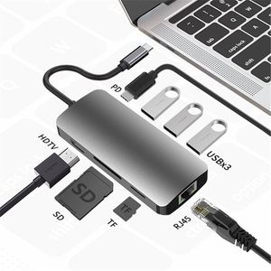 Multifunktionell 8 i 1 nav USB-C till 3XUSB3.0 HDTV SD TF-kortläsare Gigabit Ethernet-typ-C PD Laddningsadapter för MacBook