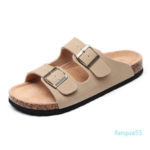 2021 New Men's Leather Mule Clogs Slippers High Quality Soft Cork Two Buckle Slides Footwear For Men Women