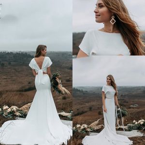 Simple Country Mermaid Wedding Dresses Long Train Bridal Gowns Boho Beach Vestidos 2021 Open Back Chic Design Ivory Satin Bride Formal Dress