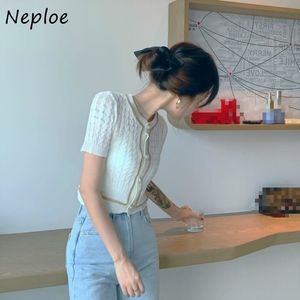Neploe Vintage Knitting T Shirt O Neck Short Sleeve Single-breasted Patchwork Tops Summer Fashion Slim Fit Tees Femme 210423