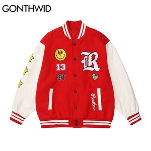 Gonthwid Hip Hop Varsity Kurtka baseballowa Streetwear Vintage Haftowane List Patchwork Bombowiec Płaszcz Męskie Kurtki Czerwony Czarny 211214