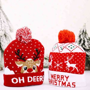 Cartoon Snowman Christmas Led Elk Deer Santa Paws Xmas Elastiska stickade kepsar Vuxen Barn hatt med bollår dekoration