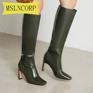 Plus Size 34-48 Knee High Boots Mid-Calf Heels Women Winter Shoes Fashion Elegant Long Female Pointed Toe Leather
