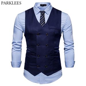 Marke Herren Zweireiher Anzug Weste Mode Slim Fit Ärmellose Weste Männer Business Hochzeit Westen Gilet Kostüm Homme 210923