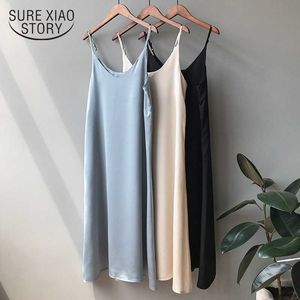 Vestidos Sommar Silk Casual Satin Solid Klänning Kvinnor Lång Sexig Ärmlös Elegant Maxi Klänning Koreansk Style V Neck Dress 9474 210528