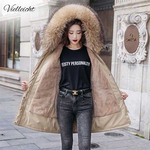 Vielleichtウォームファーライニングロングパーカーウィンタージャケット婦人服プラスサイズ6xlミディアムフード付きコート女性211013