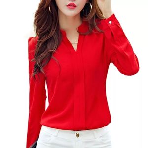 Langarm-Shirt Frauen Herbst Kleidung Mode dünne Chiffon-Bluse V-Ausschnitt koreanische elegante Damen Bürohemden weiß rot DF2324 210317