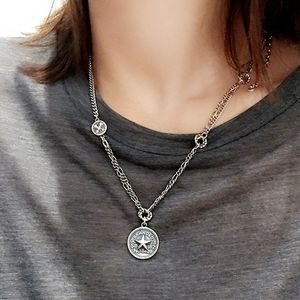 Retro Letter Pentacle Round Pendant Charm Silver Color Necklace Antique Jewelry Collar Women Chokers Chains